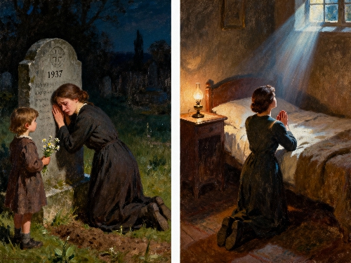 A diptych of a widow at her husband's grave with young child and kneeling in prayer at bedside