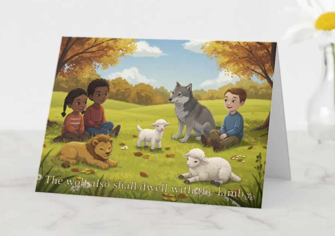 Children with wolf, lamb and lion greeting card