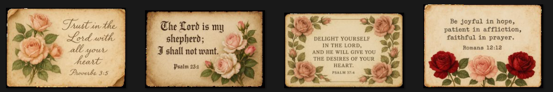 Thumbnail previews of newly released vintage rose Christian eCard designs